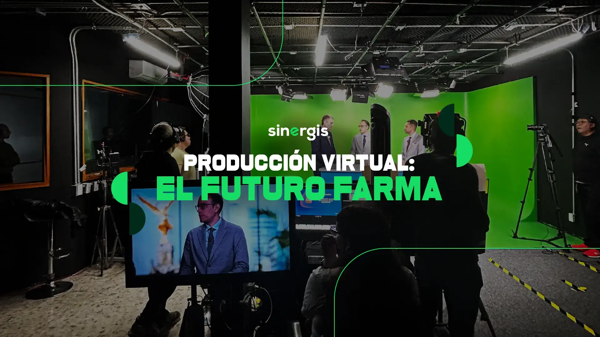 Estudio de producción virtual para marketing farmacéutico con pantallas LED y presentador.